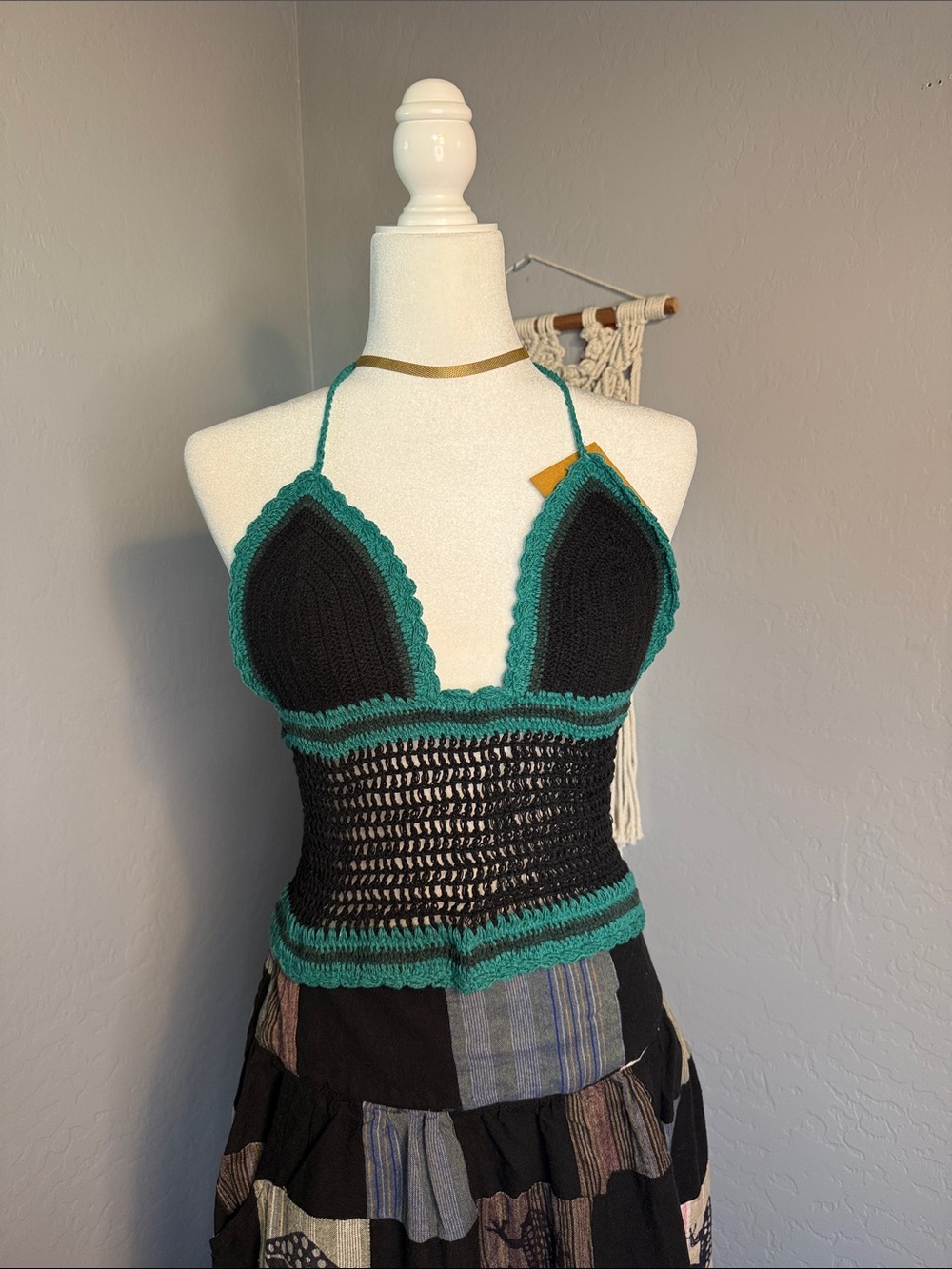 Black Crochet Halter Crop Top with Teal Trim Accents